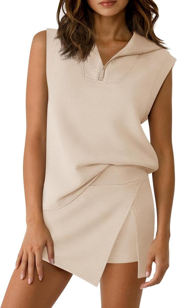 Fisoew Womens 2 Piece Skirt Sets Summer Sleeveless Half Zip Sweatshirt Athletic Skorts Tennis Outfits Casual Sweatsuits (Beige, S)