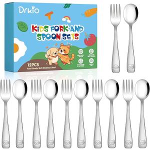 DRKIO Stainless Steel Toddler Utensils Set - 12 Pieces Kids Silverware Set Children Safe Food Grade Small Forks and Spoons Dishwasher Safe Mirror Polished