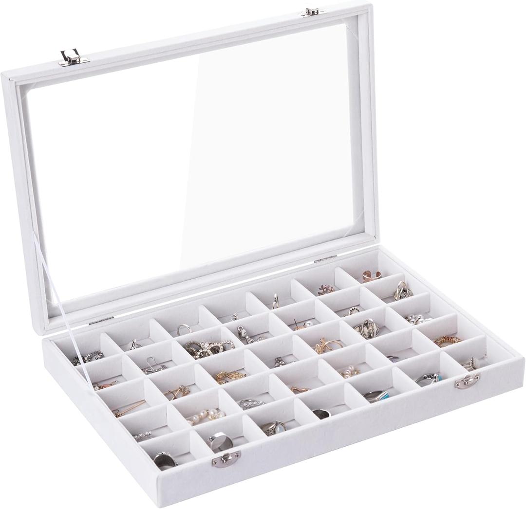 Velvet Jewelry Tray,35 Grid Jewelry Organizer with Clear Lid,Earring Holder Organizer Case with Clasp,Drawer Insert for Rings Studs,13.8 x 9.5 x 2 Inches,Gift for Women Girls(White)