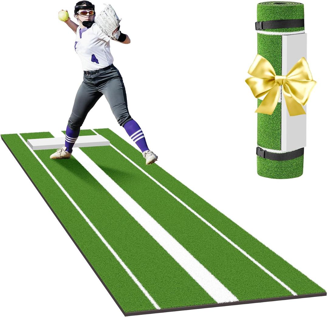 Neoaider Softball Pitching Mat with 30MM Thickened Pitching Mound, Non-Slip Backing, Anti-Fade Turf, 10x3 ft Pitching Mat for Indoor & Outdoor Use, Gift for Softball/Baseball Enthusiast, Green/Clay