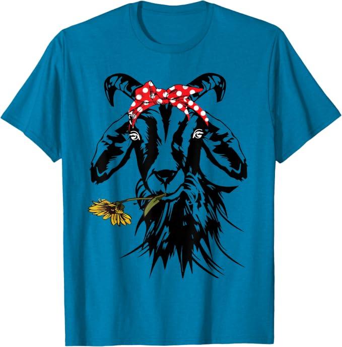 Women's Goats Bandana Farm Animal Lover Funny Goat Graphics T-Shirt Small Blue