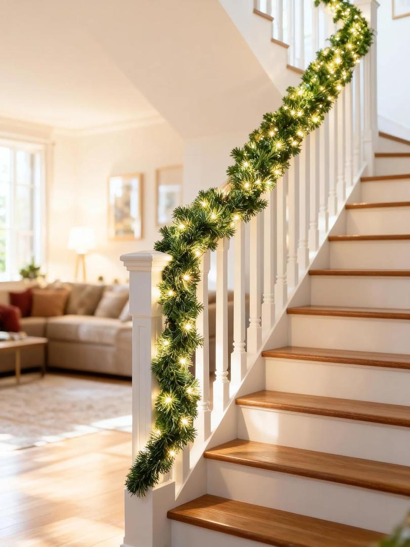 3-Pack Pre-lit Christmas Garland, 15FT Lighted Christmas Garland for Tree Mantle Stairs Railing Holiday Party Decor, Greenery Garlands, Faux Xmas Decor Outdoor Garlands with Lights