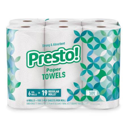 Amazon Brand - Presto! Ultra-Strong Premium Paper Towels, 158 Sheet Huge Roll - Flex-a-Size, 12 Rolls (2 Packs of 6), Equivalent to 38 Regular Rolls, White