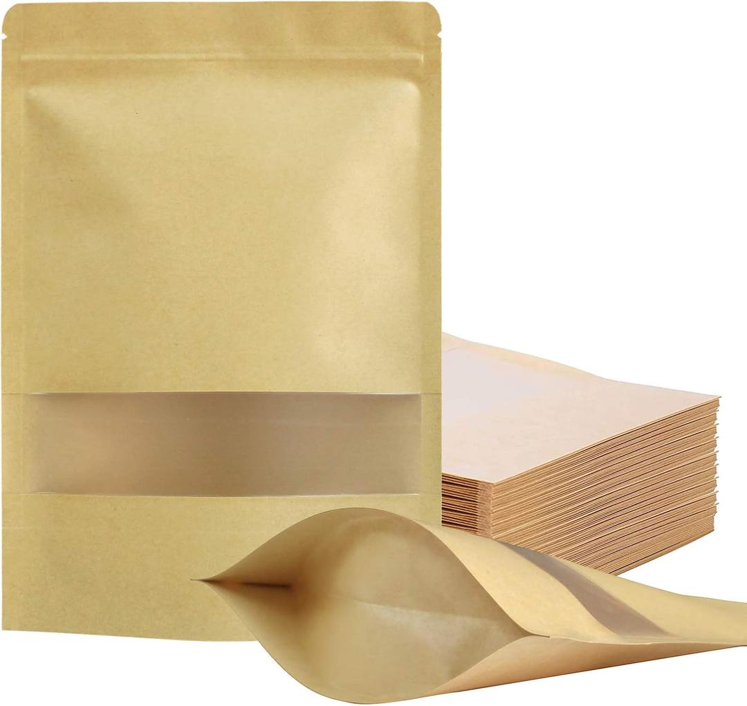 FireKylin 100 Pcs Resealable bags,7.1" x 10.2" Stand Up Paper Bags with Matte Window, Zipper Food Storage Bags for Packaging Products, Reusable, Sealable (Brown)