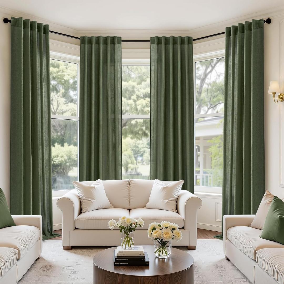 MIULEE Olive Green Linen Curtains 90 Inch Long 4 Panels Light Filtering Window Drapes with Rod Pocket Back Tab for Living Room Bedroom Farmhouse Decor 42" W x 90" L Inches