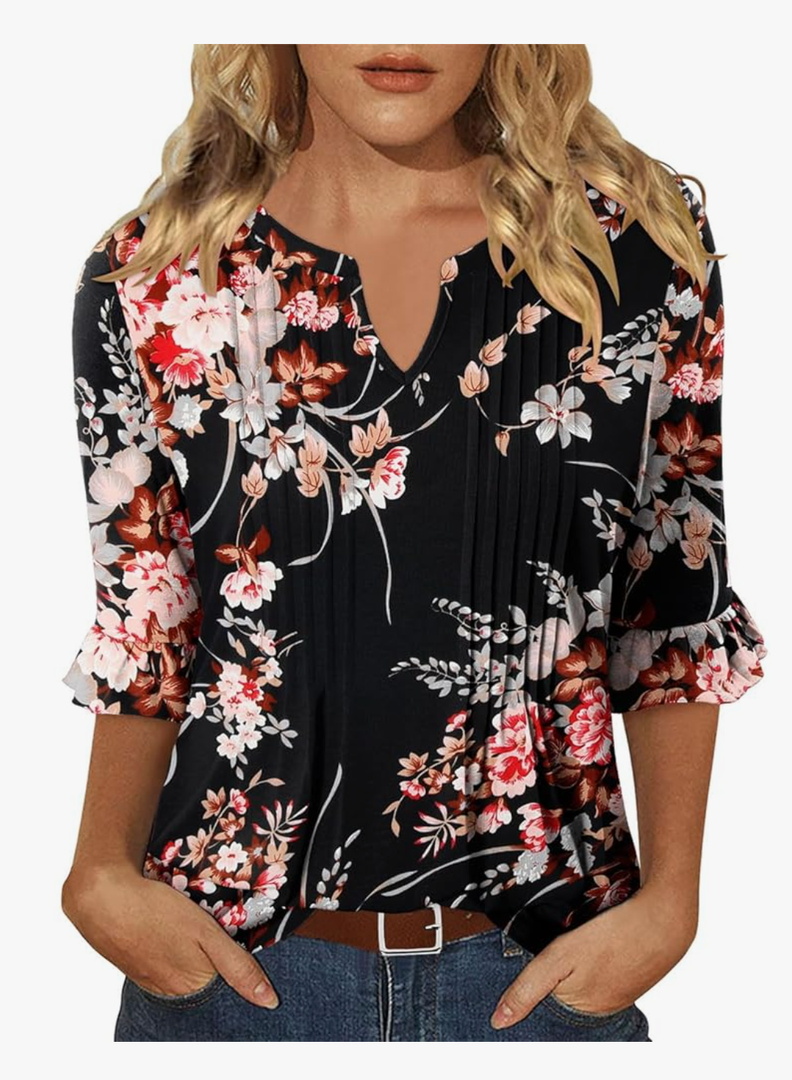 KISSMODA Womens 3/4 Length Sleeve Tops Summer Blouses Spring Ruffle Tunic T-Shirts Dressy Casual L