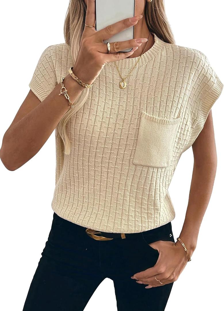 Womens Short Sleeve Sweaters Summer Cap Sleeve Tops Casual Crewneck Oversized Lightweight Knit Sweater Vest (Beige, L)