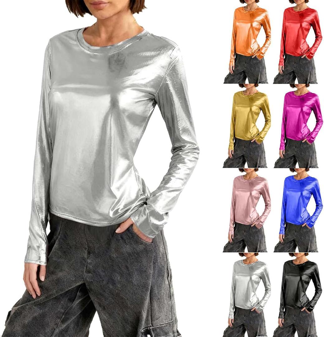 Metallic Tops for Women Long Sleeve Shimmer Disco Party T-Shirt Slim Going Out Club Sparkly Blouses Concert Outfit (Medium, #C08-silver)