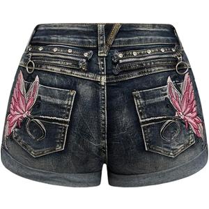 SOLY HUX Women's Y2k Butterfly Embroidery Distressed Jean Shorts Vintage Low Rise Mini Denim Shorts (Large)