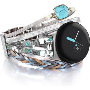 Leather Bands Compatible with Google Pixel Watch 4 3 Band 41mm/ Pixel Watch 2 Band/Pixel Watch Band for Women Men, Boho Watch Bracelets Wrap Genuine Leather Watch Strap for Google Watch Band (Blue Turquoise)