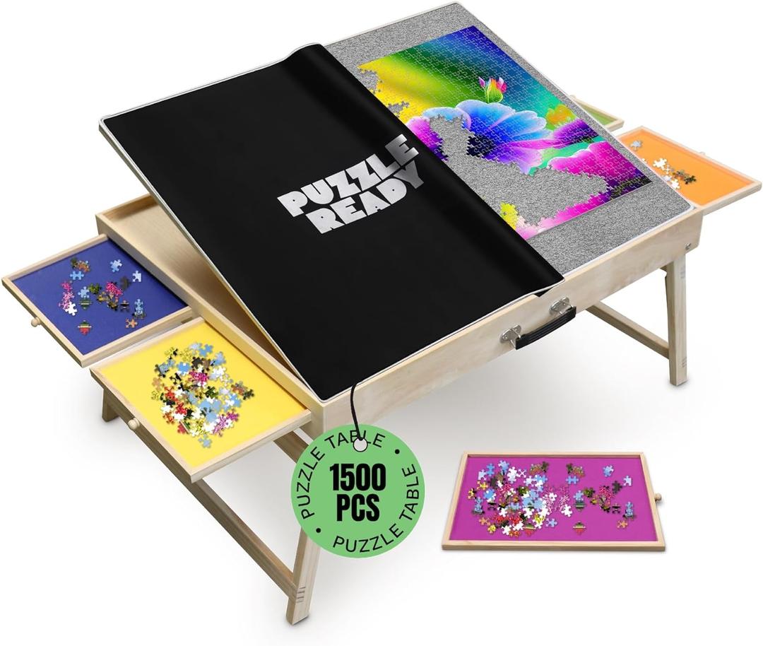 Puzzle Ready 1500-Piece Wooden Jigsaw Puzzle Table - 27" x 36" Foldable Portable Puzzle Board Design with Short Legs, 4 Colorful Drawers, 3 Adjustable Angles & Cover Mat - Fits 1000-1500 Piece Jigsaw