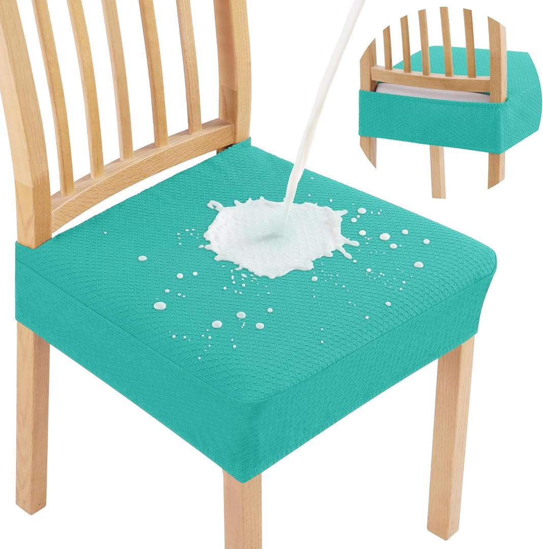 Smiry Waterproof Seat Covers for Dining Room Chairs Set of 6, Stretch Jacquard Removable Washable Chair Seat Slipcovers Protector, No Rear Covers, Teal