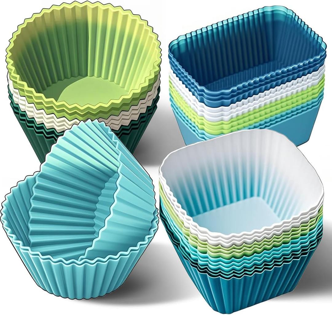 Silicone Cupcake Liners, Upgrades 36 Pack Reusable Baking Muffin Cups Nonstick 3 Shapes Pastry Cake Molds Bento Lunch Box Dividers (Soft Colors of 36 Pack)