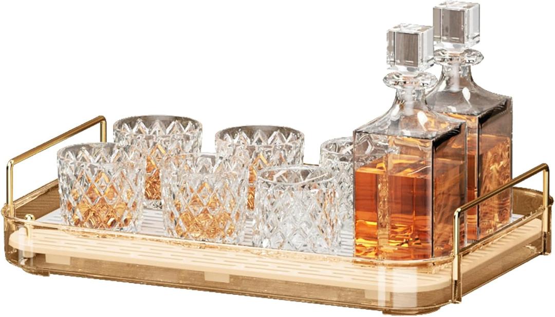 Seoneiro Whiskey Tray, Glass Cup Rack, Mug Holder, Coffee Cup Organizer, Bathroom Countertop with Drain Board Wine Glass Decorative Organizer, Food Tray, Kitchen Spice Rack (Amber-1)