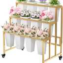 MILEFA Flower Display Stand with 12 Buckets, 3 Layers Flower Bar, Gold Metal Plant Stand with Wheels, Heavy Duty Flower Cart for Indoor Outdoor Patio Garden Wedding Florist, Gold Metal Frame