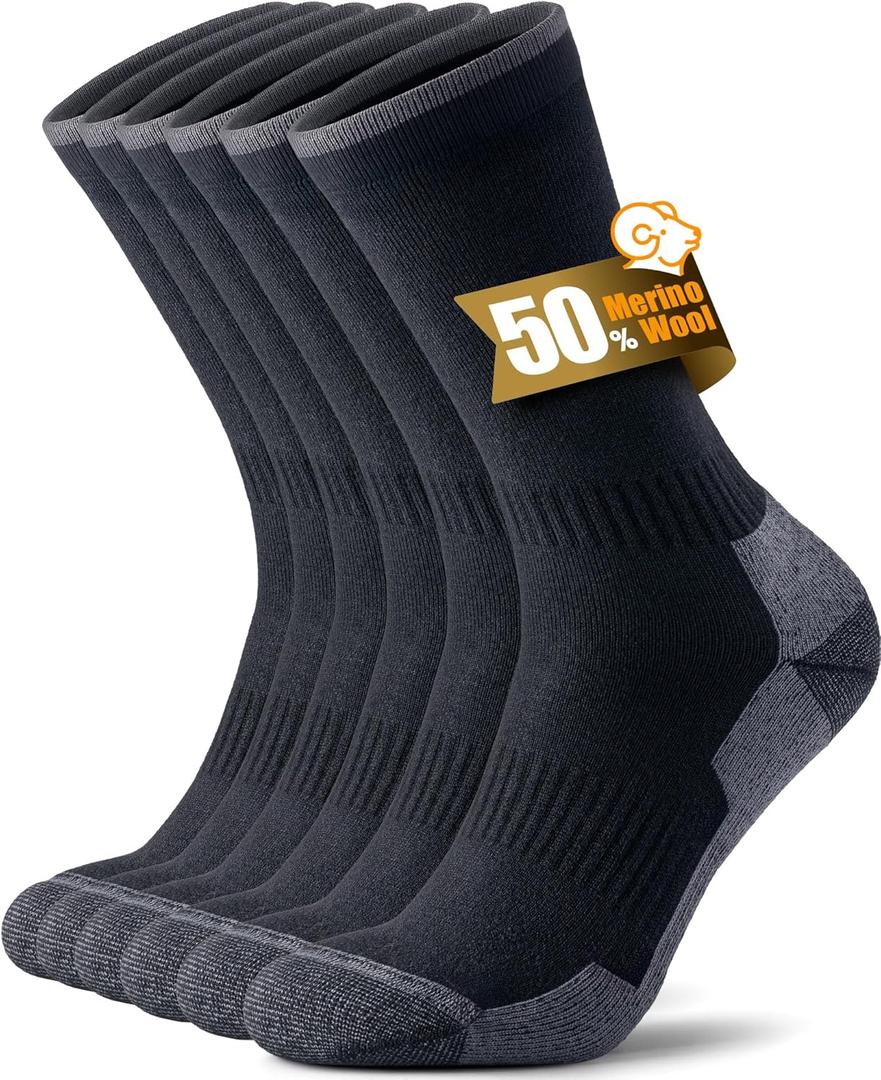 Merino Wool Hiking Socks for Men Women, OEKO-TEX & GRS Certified, Seamless Toe, Terry Cushioned -3 Pairs (Large, Black)