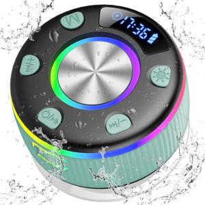Bluetooth Shower Speaker, Portable Bluetooth 5.3 Speakers Wireless with Time Display, IP7 Waterproof Speakers with RGB Light, Suction Cup, Mini Stereo Speaker for Bathroom Party Beach Outdoor, Green