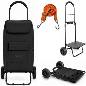Shopping Cart, Super Loading Grocery Trolley, 220 lbs Capacity, Foldable Cart with Extra Large Black Shopping Bag Portable Grocery Utility Cart With Adjustable Bungee Cord