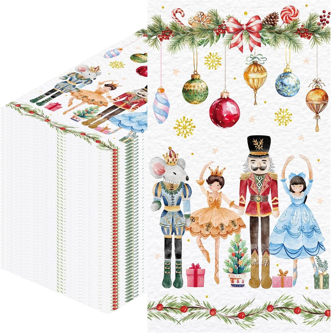 100 Pcs Nutcracker Christmas Guest Napkins, Pink Disposable 2-Ply Paper Napkin Holiday Dinner Bathroom Table Decor, Elegant Christmas Hand Towels for Baby Shower Family Gathering Party Supplies