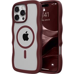 ZTOFERA for iPhone 16 Pro Max Phone Case Compatible with MagSafe, Curly Wave Frame & Clear Hard Back, Soft Silicone Bumper Shockproof Protective Magnetic Phone Cover-Clear Back & Wine Red
