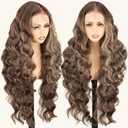 SOKU 13x6 Lace Frontal Wig Highlighted 32 Inch Body Wave Pre Plucked Babyhair Transparent HD Lace Heat Friendly Highlights Brown Bouncy Synthetic Hair