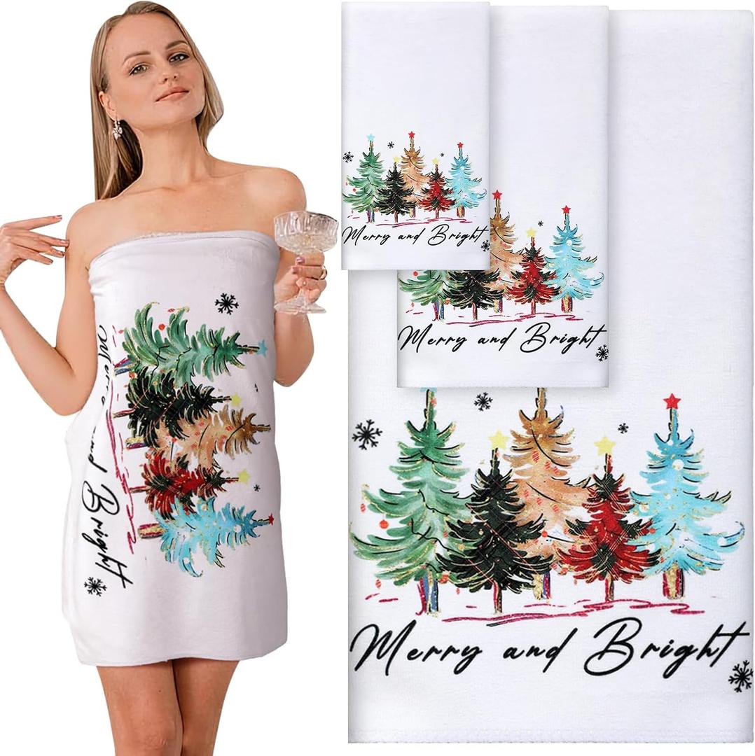 3 Size Christmas Tree Hand Towel and Bath Towel Set, Soft & Absorbent Microfiber, Colorful Christmas Trees Decorative Washcloths for Seasonal Decor Bathroom Xmas Gift