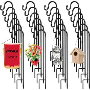 Hicarer 24 Pack 25 Inch Shepherds Hooks Outdoor Plant Hanger Metal Shepherd's Hook Black Garden Bird Feeder Pole for Hanging Solar Lanterns Flower Basket Jars Christmas Lights Wedding Decor