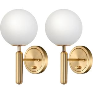 Dimmable Wall Sconces with Knob Switch Hardwired Bathroom Wall Light Set of Two Decor Indoor Glass Globe Shade Gold Mid Century Modern Wall Lamp for Bedside Bedroom Living Room