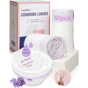 50 Count Beside Commode Liners with Absorbent Pads - Set with 50 Disposable Bags, 50 Pads and 100 Gloves, Lavender Scented, Universal Fit for Toilet Seats, Portable Toilets & Camping Use