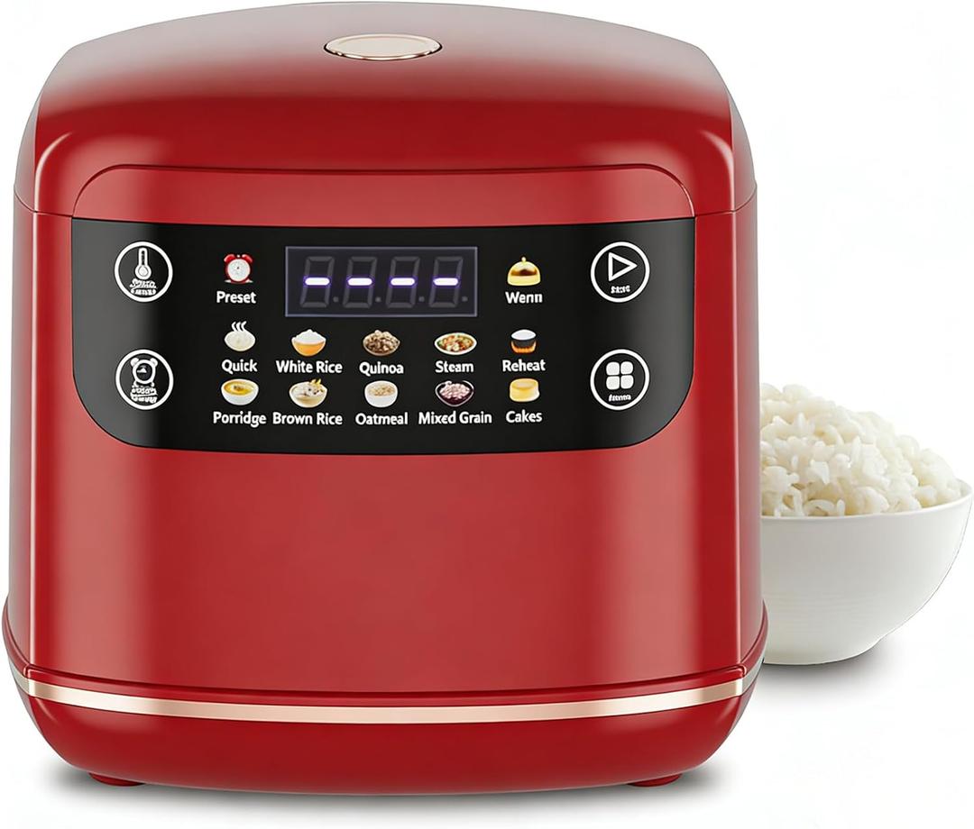 Portable Digital Rice Cooker, 6-Cup (Uncooked)/12-Cup (Cooked) Small Rice Maker with Steaming Basket, Mini Rice Cooker with 2L Removable Nonstick Inner Pot, 10 Menu Options, Auto Keep Warm, 24 Hour Delay Timer (Dark Red)