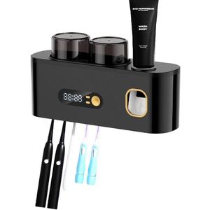 Upgrade Toothbrush Sterilizer,Toothbrush Holder for Bathroom,Tooth Brush Cleaning Tool with Toothpaste Dispenser Wall Mounted Type-C Charging with 2 Cups (Black)