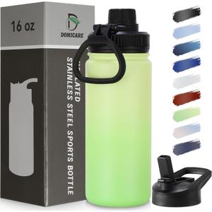 DOMICARE 16 oz Water Bottle Stainless Steel Double Wall Vacuum Insulated Water Bottle with Straw lids & Spout Lid, Leakproof
