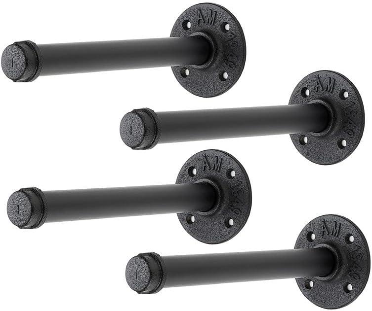 Home Expert 8 Inch Black Industrial Pipe Floating Clothing Rack Wall Mounted, Heavy Duty Garment Rack for Hanging Clothes, Multi-purpose Hanging Rod for Closet Storage, 4 Pack