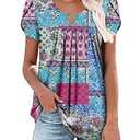 onlypuff Womens T Shirts Short Sleeve Pleated Floral Tunic Tops Dressy Casual Crew Neck Summer Boho Tops Blouses, Size 2XL