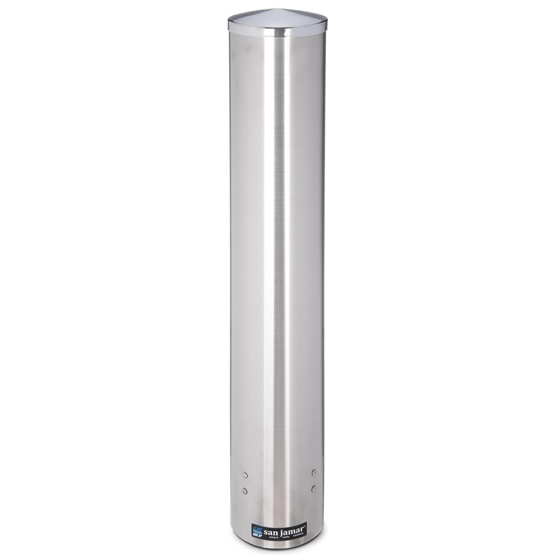 San Jamar Large Pull-Type Cup Dispenser Fits 12 - 24 Oz. Cups with Flip Cap for Restaurants, Dining Halls, and Fast Food, Stainless Steel, 23.5 Inches, Silver
