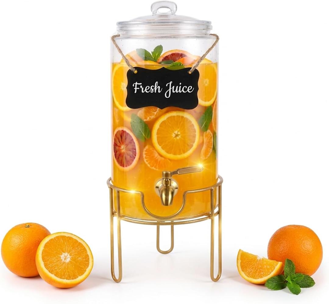 Drink Dispensers for Parties 1 Gallon, Bevarage Dispenser with Stand,Glass Drink Dispenser With Stainless Steel Spigot + Marker & Chalkboard, Ideal for Lemonade,Juice, Tea, and Party Drinks