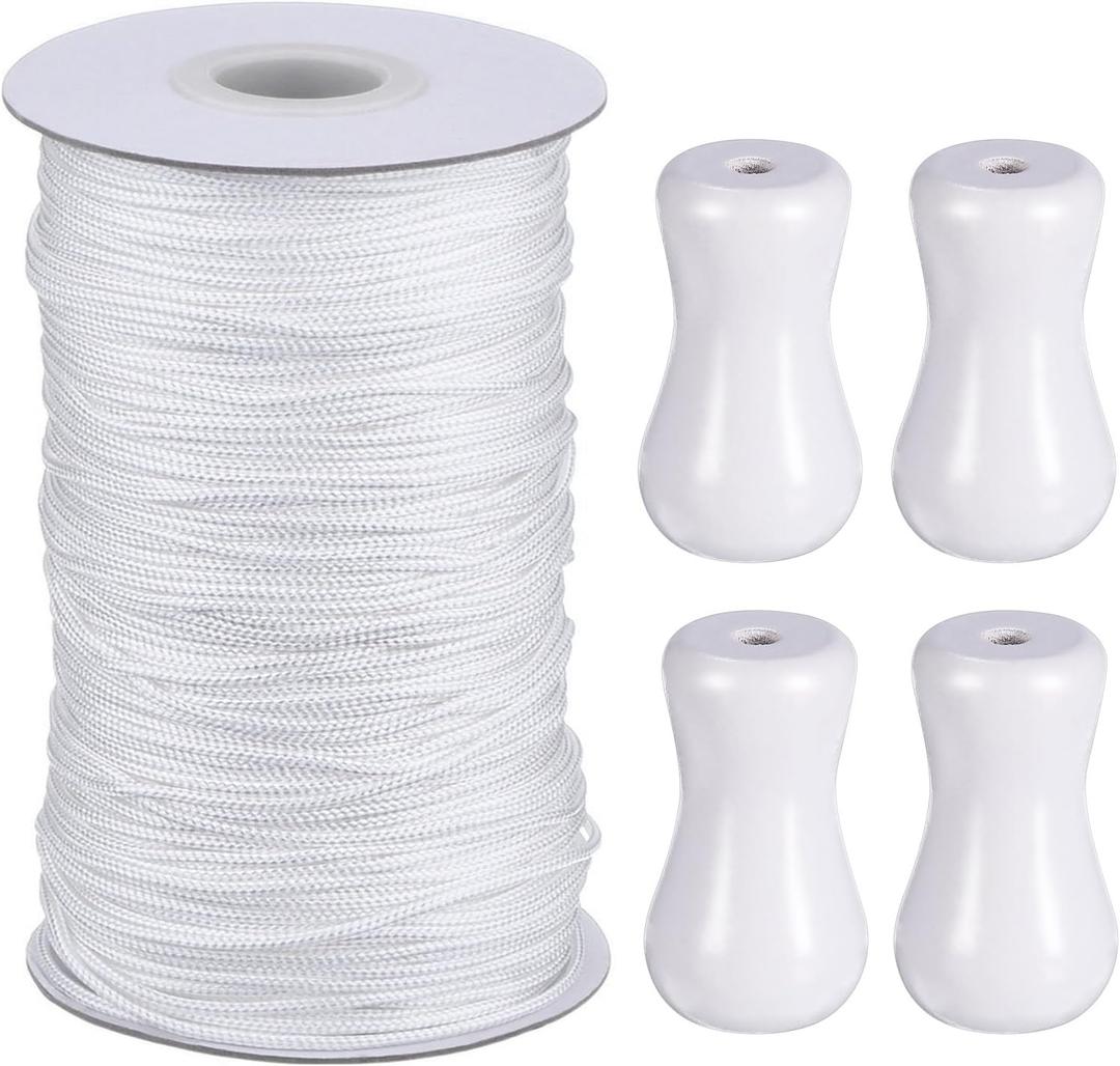 Hestya 1.8 mm White Braided Lift Shade Cord 55 Yards/roll with 4 Pieces Wood Pendant for Aluminum Blind Shade, Gardening Plant and Crafts (White)