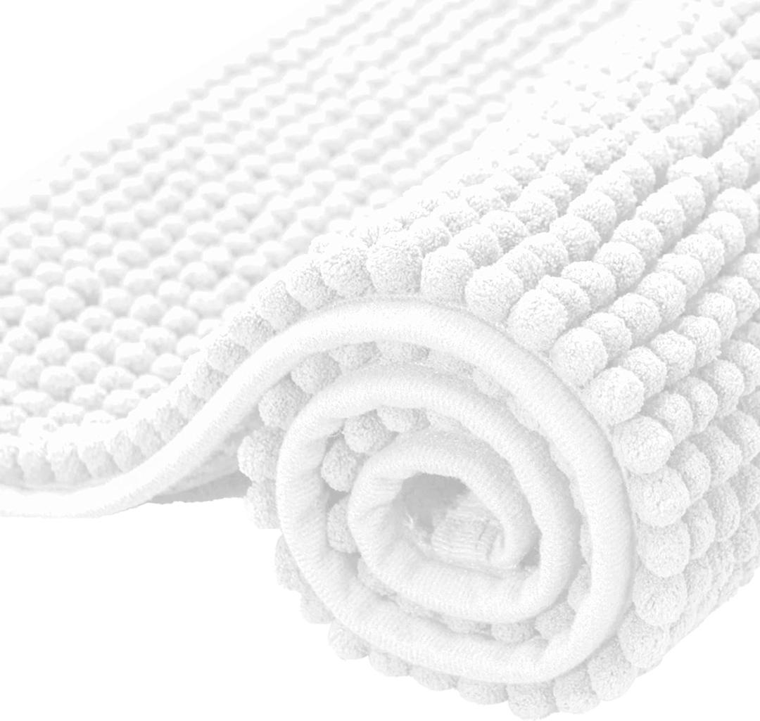 SUBRTEX Bathroom Rugs Chenille Bath Rug Soft Short Plush Bath Mat Soft Shower Mat Water Absorbent Shower Mat Quick Dry Machine Washable(White,16" x 24")