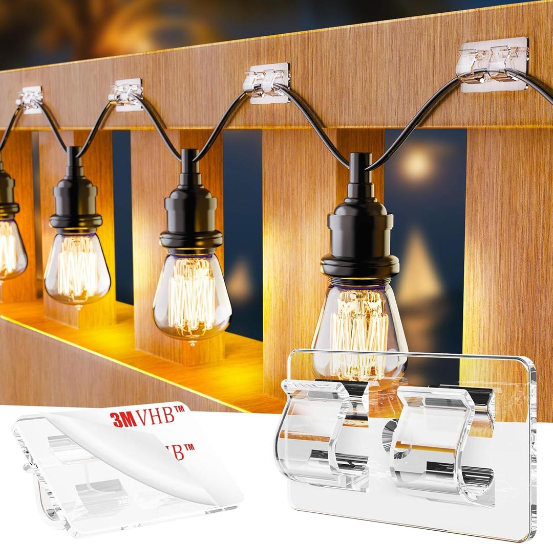 30 PCS Hooks for Outdoor String Lights, Heavy Duty Christmas Light Clips, Clear Adhesive Hooks for Hanging Rope Lights Outdoor, UV-Resistant String Light Hooks for Outside Porch Patio Decor