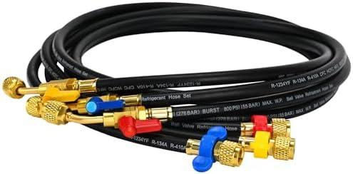 KlenzMate Upgraded 1/4" A2L Refrigerant Hose,72", Compact Ball Valve Refrigerant Hose Kit with Color-Coded Wrench, A2L HVAC Hose for R-1234YF, R-134A, R-410A, 1/4" x 1/4" Flare Fittings (Pack of 3)