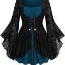 ROSE GAL Women Plus Size Gothic Costume Top Ruffles Flower Lace Up 2 in 1 Bell Sleeves T-Shirt Renaissance Fairy (Blue_6/ 2X)
