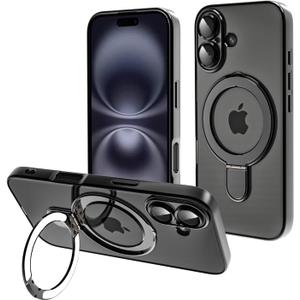 Tnarru Designed for iPhone 16 Case with Stand [Magnetic Ring Holder] [Built-in Camera Lens Protector] Slim Anti-Scratch Non-Yellowing for iPhone 16 Clear Case Black