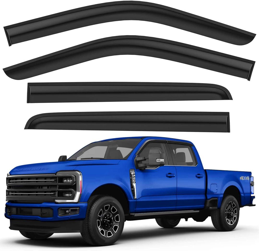 Shatterproof Tape-On Rain Guards for Ford F250 to F550 Super Duty 2017-2025 Crew Cab, Out-Channel Window Deflectors Vent Window Visors Rain Sun Wind Guards Shade Deflectors, 4 pcs