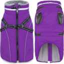 Fragralley Dog Coat with Harness Built in, Waterproof Windproof Reflective Warm Puffer Jacket, Fleece Lined Vest Winter Parka for Small, Medium, Large Dogs (Purple)