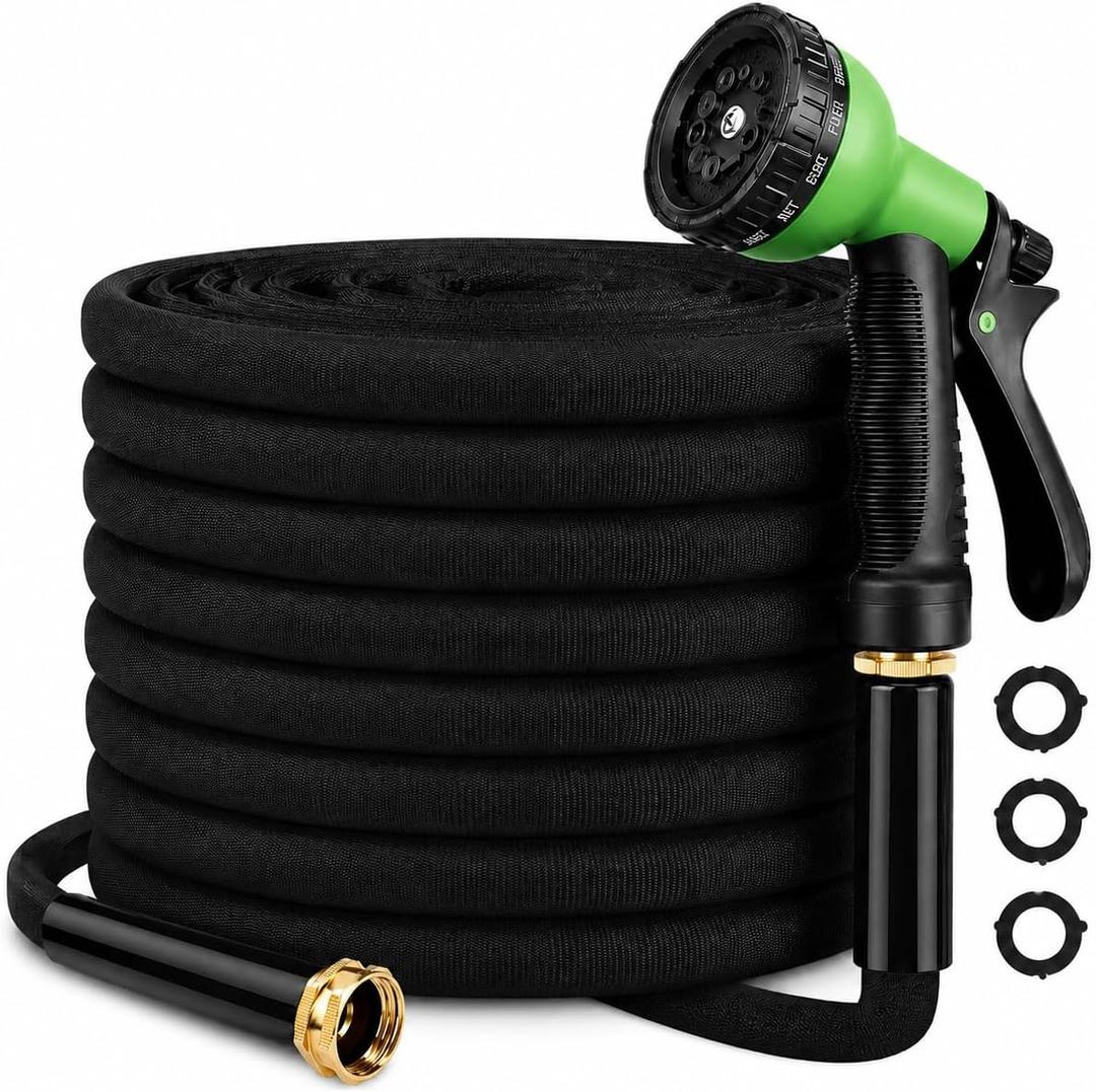 100FT Non-Expandable Garden Hose, Lightweight Flat Water Hose with 10-Function Spray Nozzle, 3/4" Metal Fittings, Kink-Resistant Easy Storage for Patio, Garden, RV, Small Yard, Car Wash, Black
