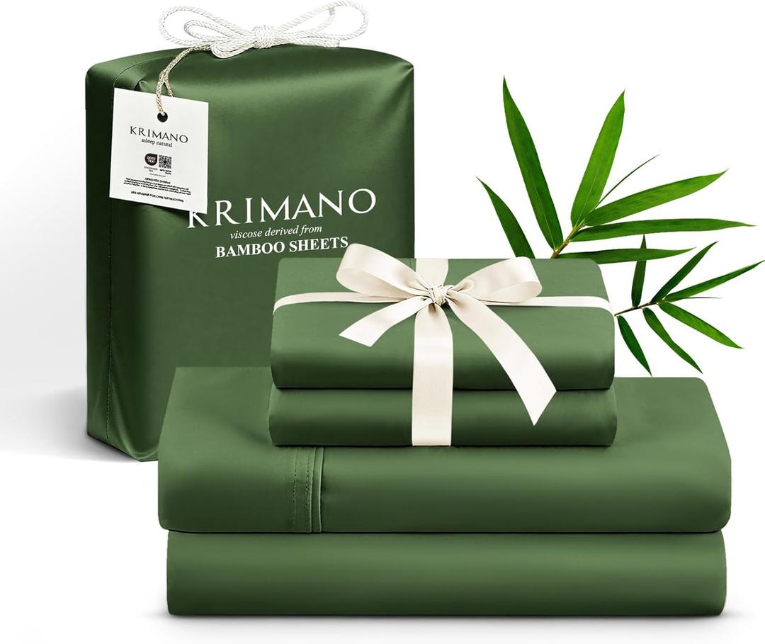 Queen Size Sheet Set, Viscose Bamboo Sheets for Bed Set 4pcs, 100% Viscose Derived from Bamboo, Hotel Luxury Silky & Cooling for Hot Sleepers, Deep Pocket Up to 17", Olive