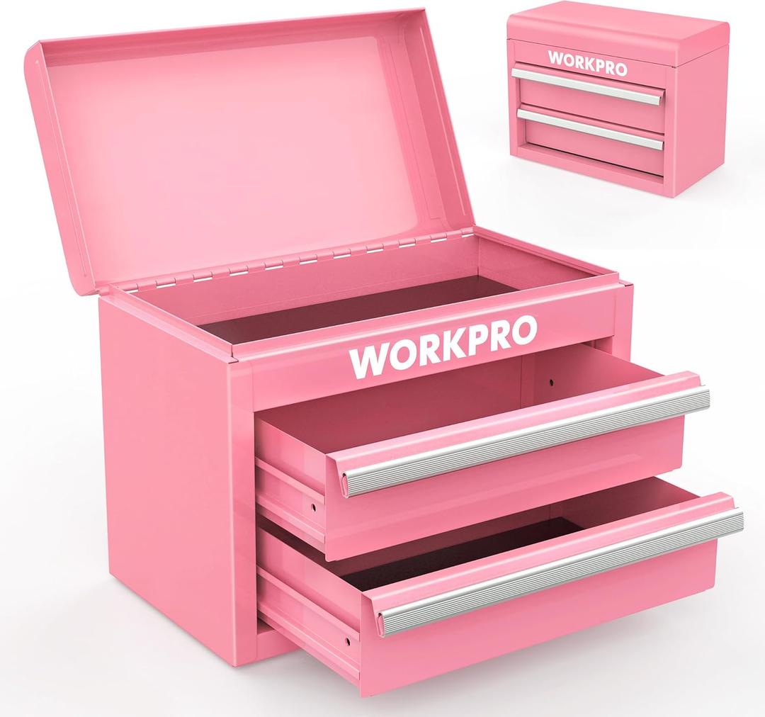 WORKPRO Mini Metal Tool Box with 2 Drawers and Top Storage, Small Tool Chest with PVC Liners and PP Feet Pads, Cold Rolled Steel Toolbox with Magnetic Tab (Pink)