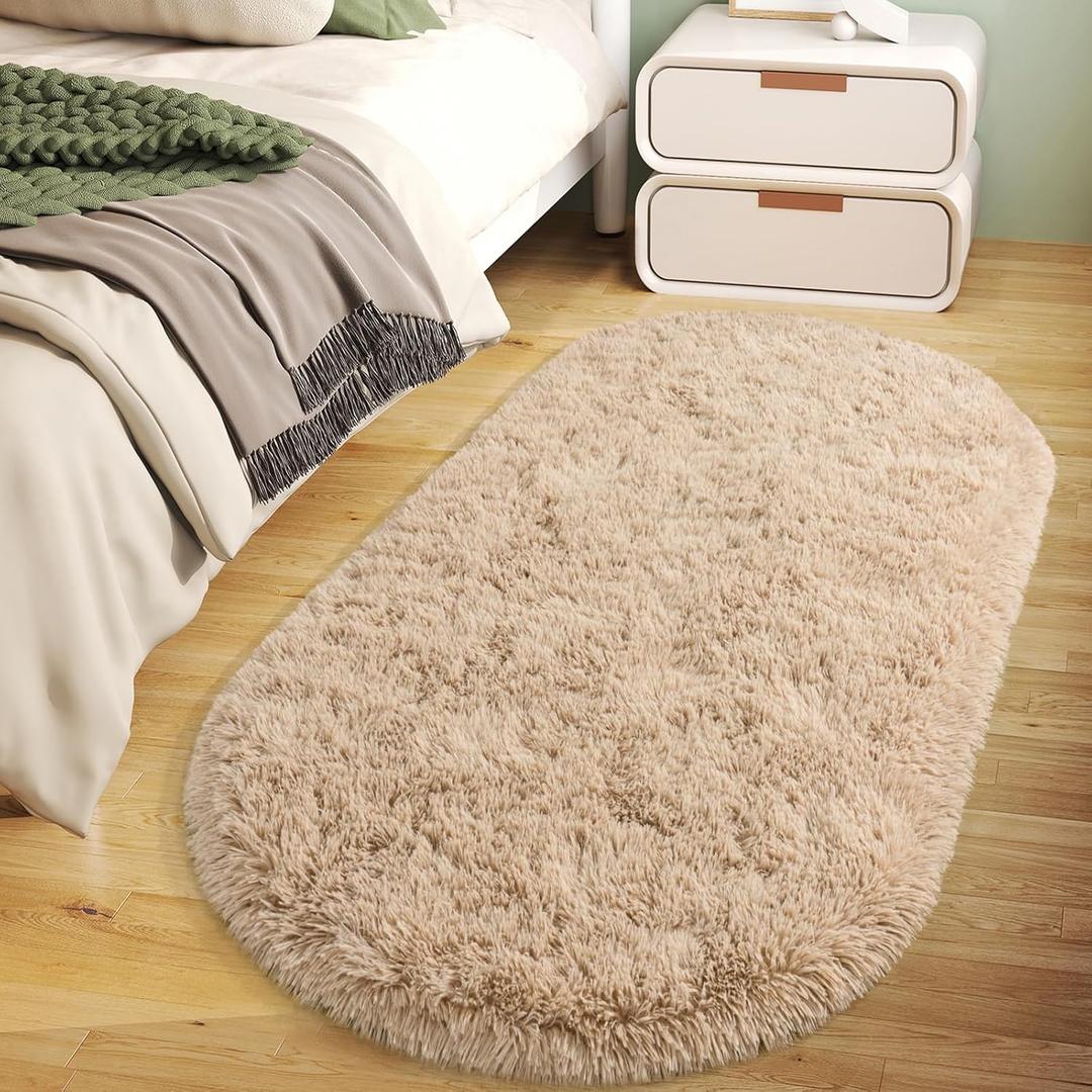 Soft Fluffy Area Rug for Bedroom, Beige Fuzzy Shaggy Oval Throw Rugs for Bedside, Non-Slip Cozy Plush Shag Carpet for Kids Room Nursery Dorm Living Room, 2.6 x 5.3 Feet