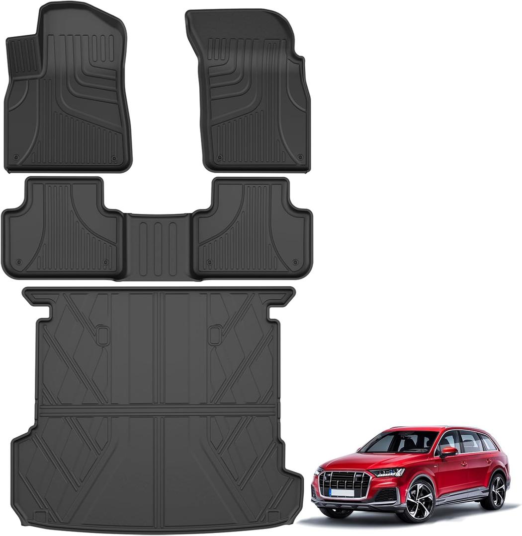 AOMSAZTO Floor Mats & Cargo Liner Fit for 2017-2025 Audi Q7/SQ7 - Custom Fit All Weather TPE Rubber Floor Liners for Audi Q7 1st & 2nd Row & Trunk Mat Full Set Car Mats, Black