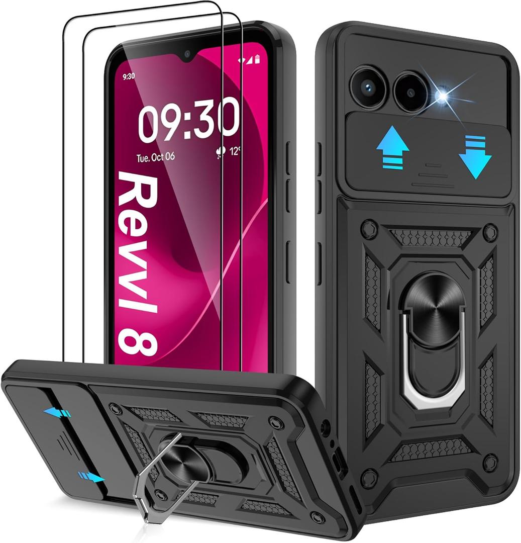 ATUMP for T-Mobile REVVL 8 Phone Case with (2 Pcs) HD Screen Protector, Heavy Duty Shockproof with 360 Rotation Metal Kickstand [Military Grade] Protective Case for Revvl 8 5G, Black